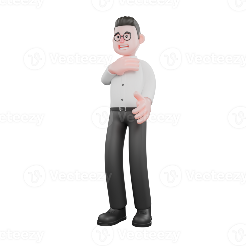 Film Studio Producer. A male producer stands with one hand touching his chest while his eyes are wide open, an expression full of concern. Cartoon 3D Model png