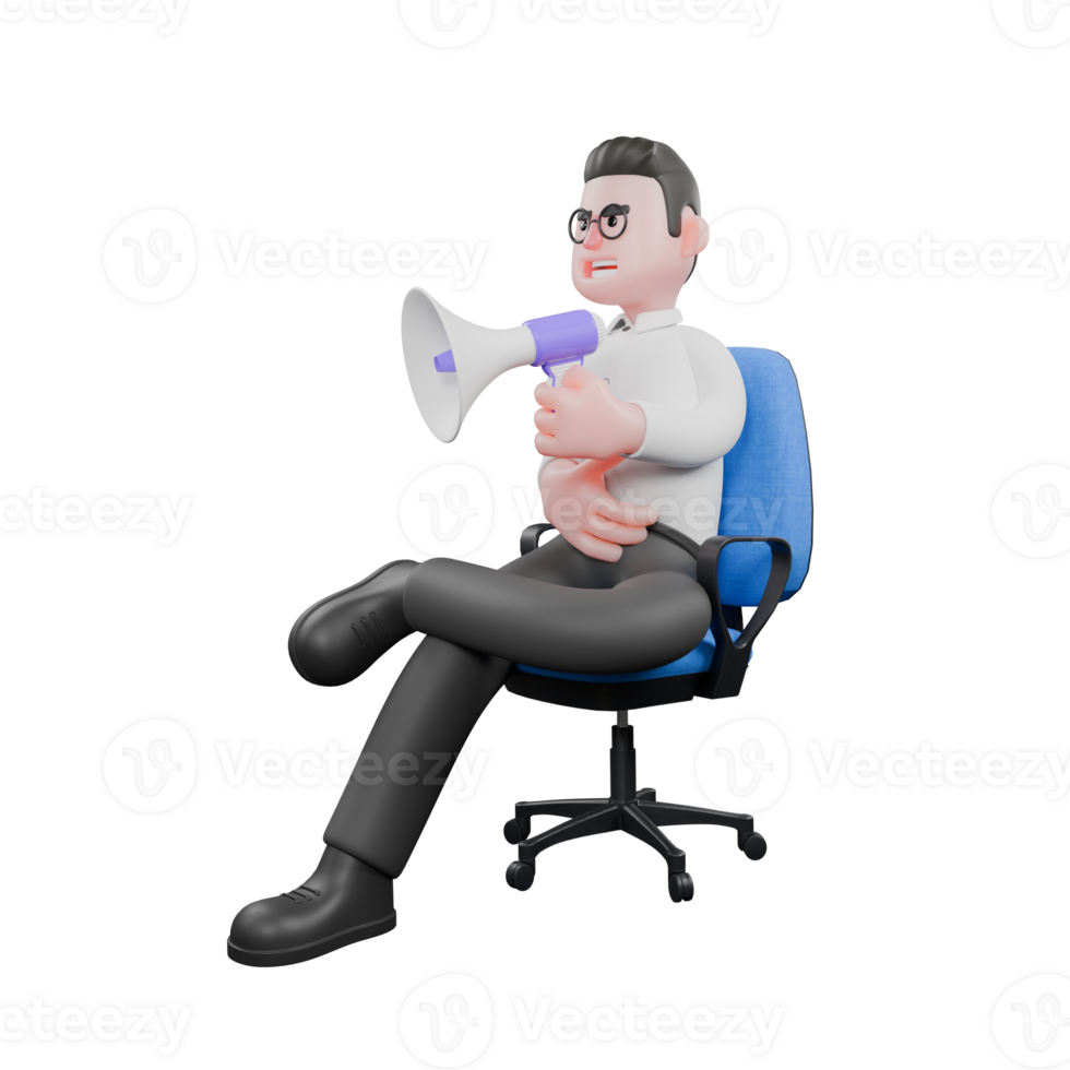 3D Movie Scene Producer. A male producer sits on a blue chair with his left leg bent over his right leg while his left hand holds a loudspeaker. his head lowered. Cartoon 3D Model png