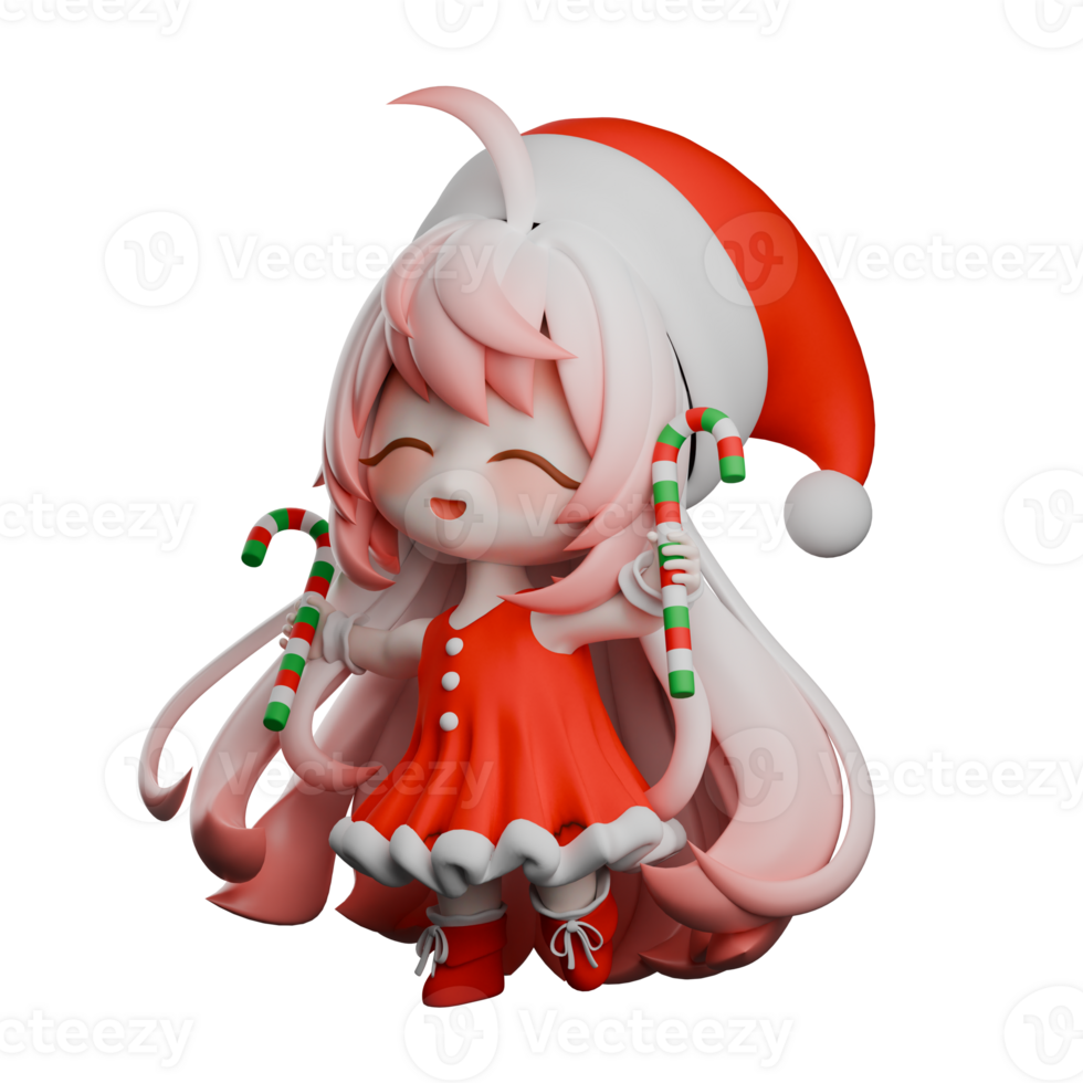 Holiday Chibi Santa Girl 3D Model. Chibi Girls Santa walks with both hands holding a stick. Cartoon Christmas Design png