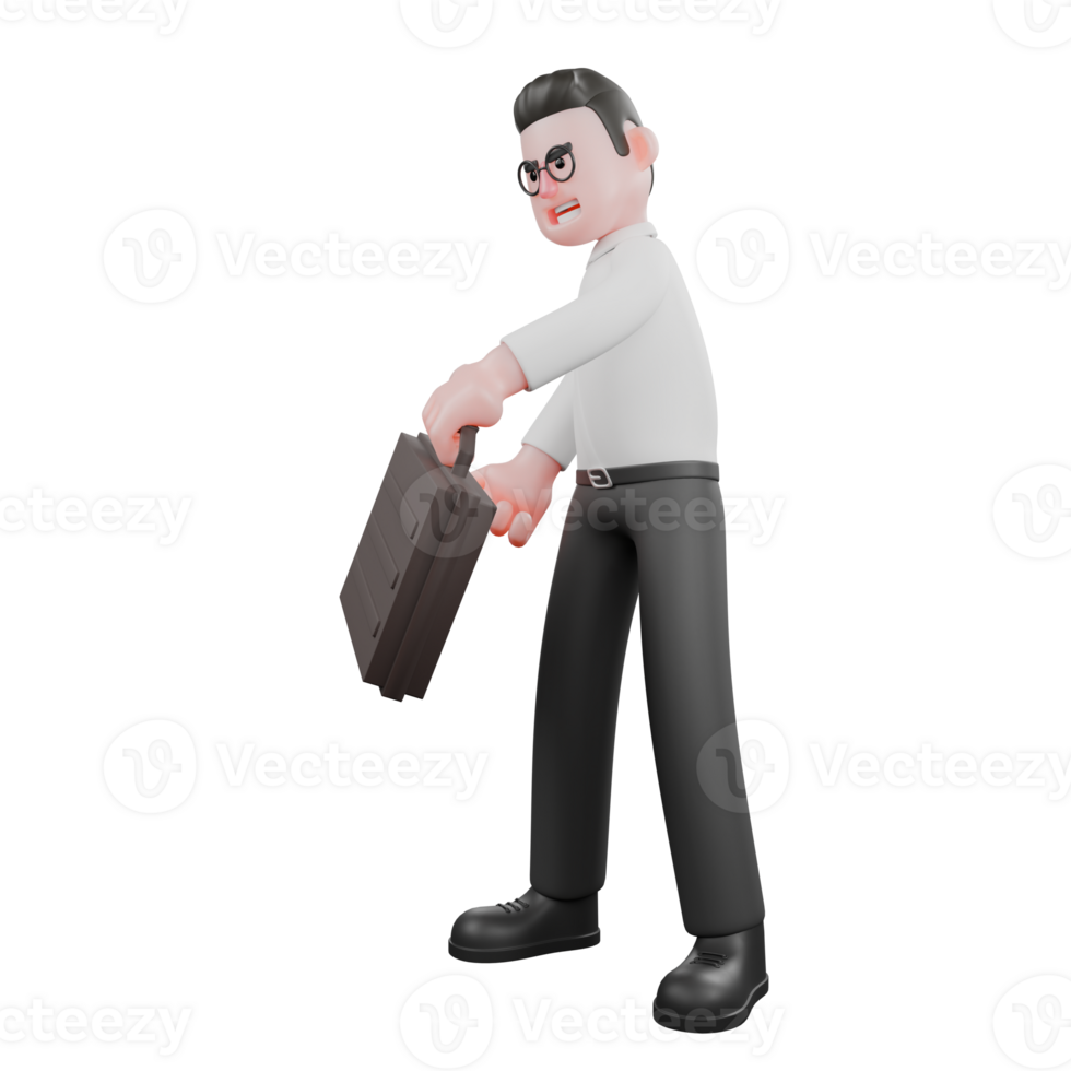 Filmmaker 3D Cartoon. A male producer stands with his left hand carrying a black briefcase, ready to work. Professional Model png