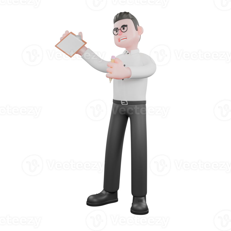 3D Producer Design. A male producer stands with one hand holding a clipboard while his other hand extends his thumb forward, happy expression. Producer Character png