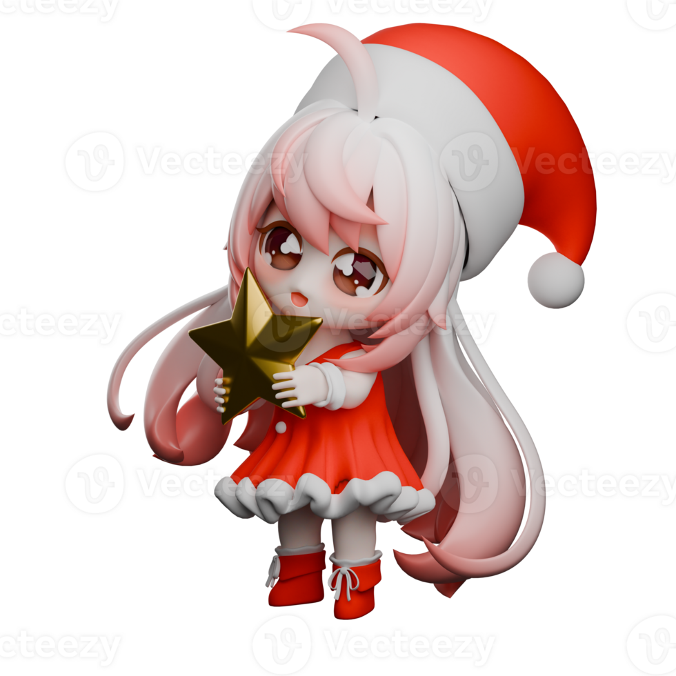 Holiday Festive Cartoon Chibi Santa .A Chibi Girls Santa stands with both hands holding a gold star.Christmas 3D Model png