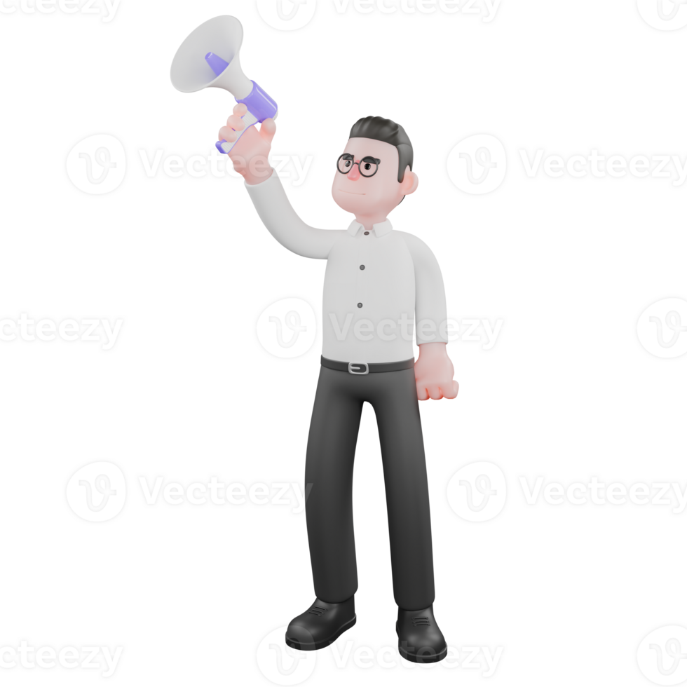 Film Scene 3D Producer. A male producer stands with his right hand holding a loudspeaker up while his left hand is clenched at his side. Animation png