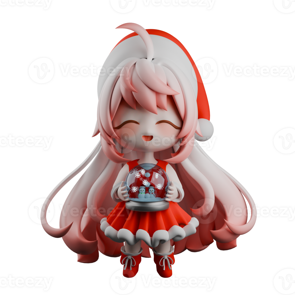 Festive Chibi Santa Girl Holiday Cartoon. A Chibi Girls Santa stands with both hands holding a snowball toy. 3D Christmas Model png