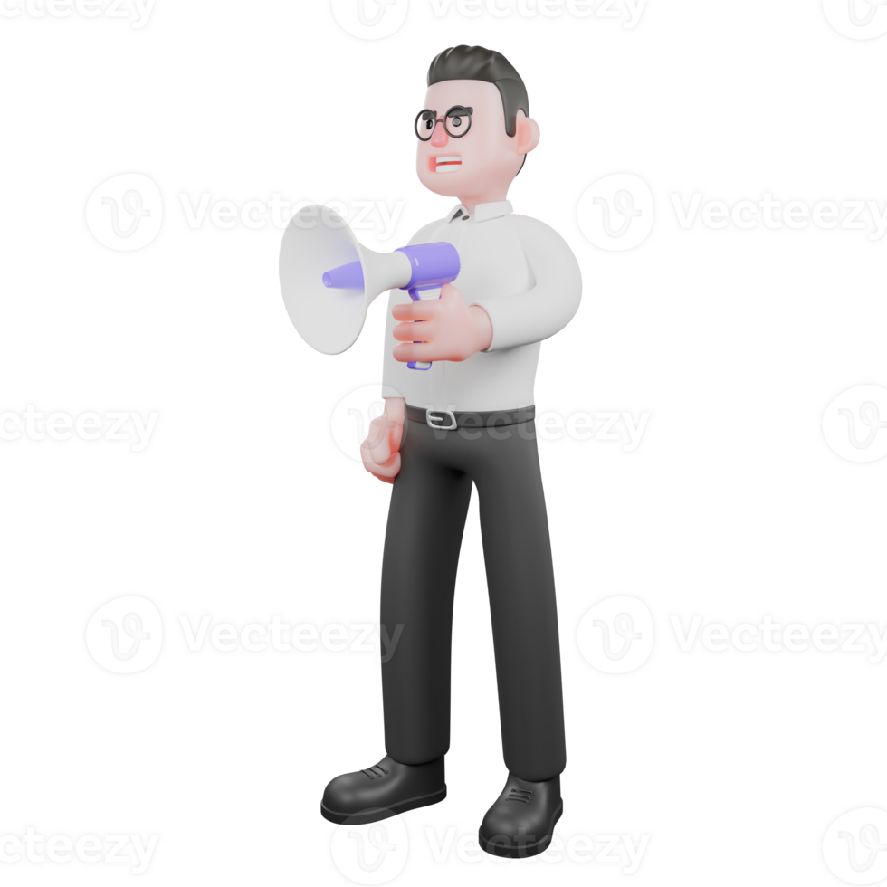 3D Animated Cartoon Producer. A male producer stands facing right while holding a loudspeaker with a broad smile. Studio Style png