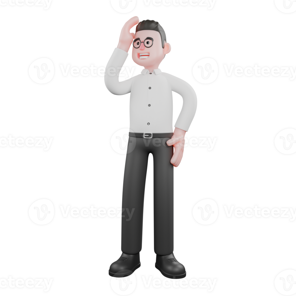 3D Movie Scene Producer. A male producer stands with one hand on his hips, the other hand beside his head. Producer Character png