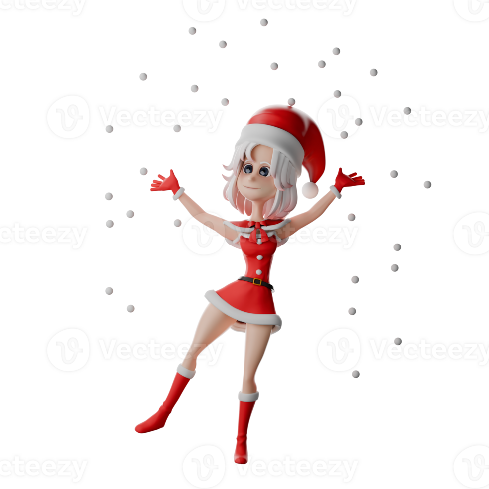 Girls Santa Festive Cartoon Design. A girl santa stands with both hands open while throwing snowballs. Holiday 3D Model png