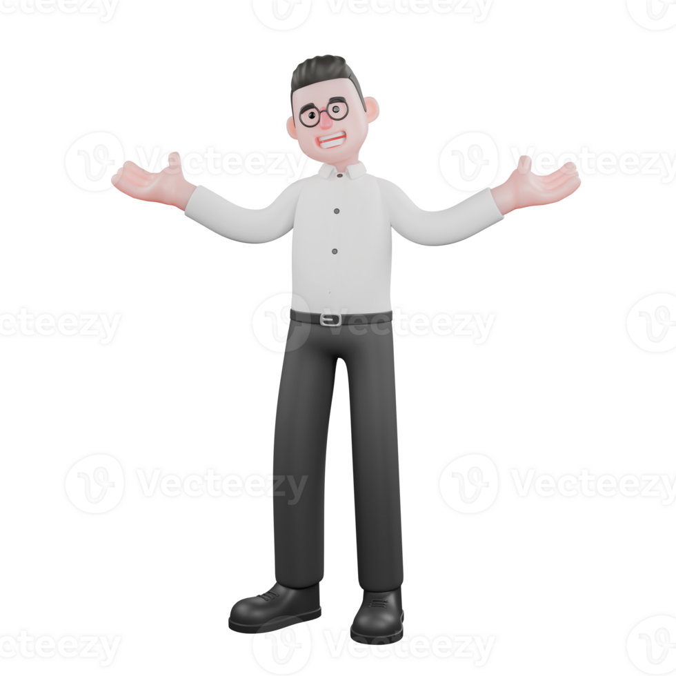 3D Producer Design. A male producer stands with both hands stretched out to the side, smiling expression. 3D Style png