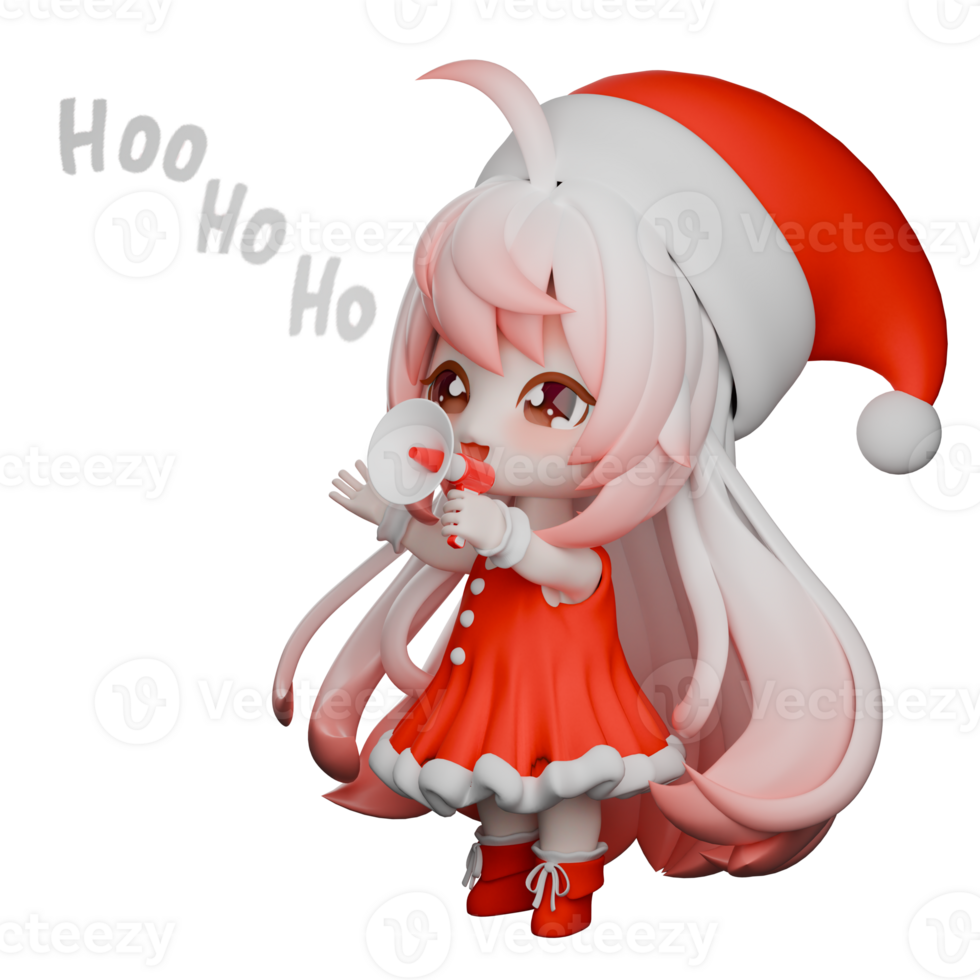 Christmas Holiday Chibi Santa Cartoon. A Chibi Girls Santa standing while talking with her left hand holding a loudspeaker. 3D Model Character png