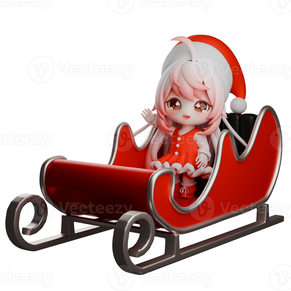 Christmas Chibi Girls Santa Cartoon. Chibi Girls Santa sits in a Christmas carriage waving his right hand. Holiday 3D Model png