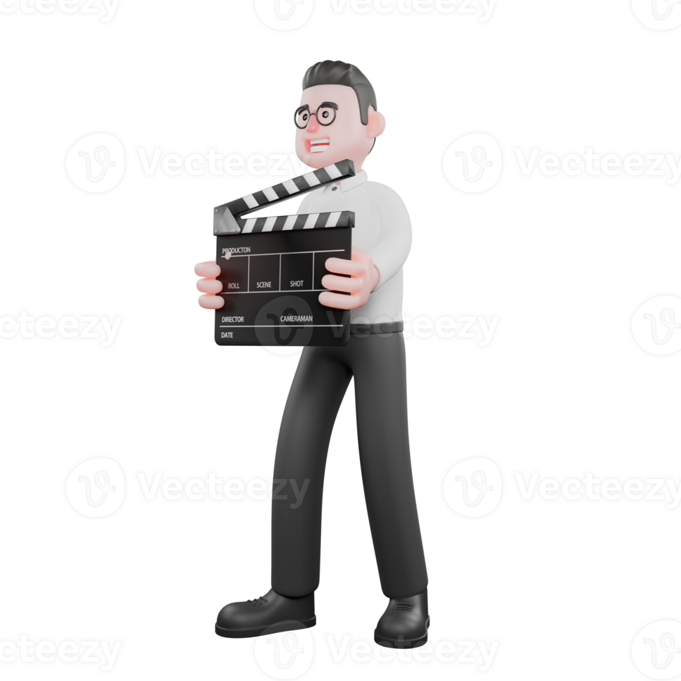 Creative 3D Model. A male producer stands with his face facing right while the other hand is holding a clap cut board. Animation png