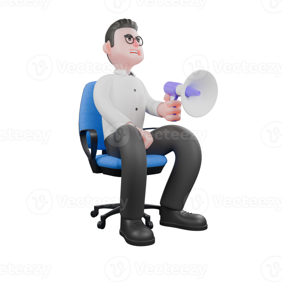Cartoon Movie Director. A male producer sits on a work chair with his left hand holding a loudspeaker while looking up Animation png