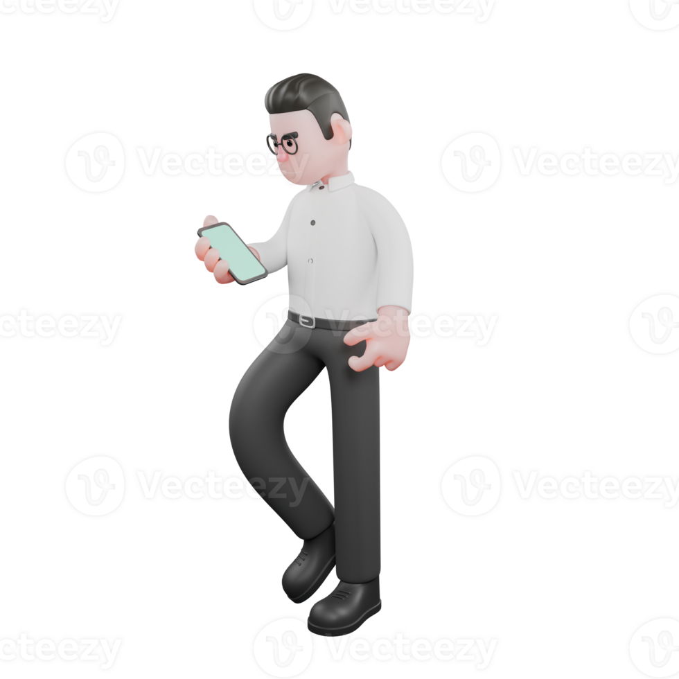 3D Cartoon Model. A male producer walks with a cellphone in his hand while looking at the cellphone. 3D Style png