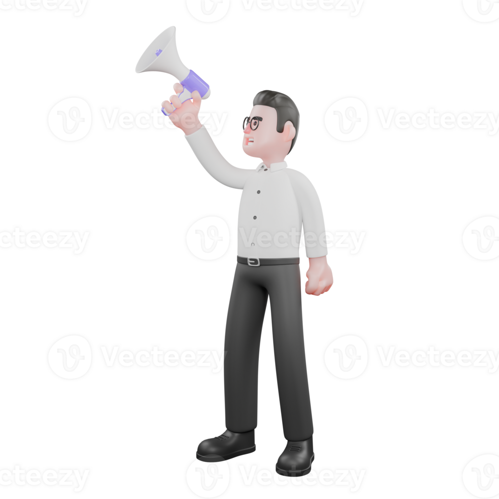 Creative 3D Model. A male producer stands with his right hand holding a loudspeaker up while his left hand is clenched into a fist. Cartoon 3D Model png