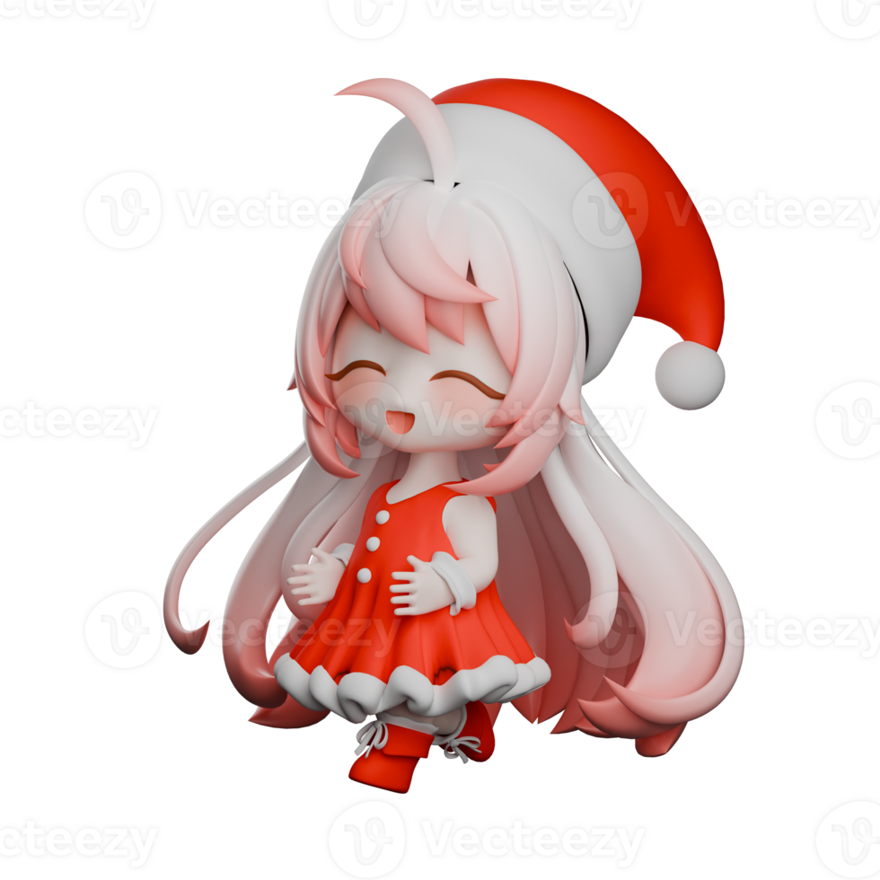 Chibi Santa Girl Christmas Design. A Chibi Girls Santa walking with both hands in front of her. 3D Cartoon Model png