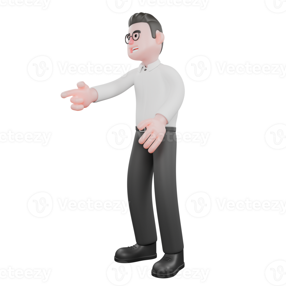 Movie Producer 3D Cartoon.A male producer stands with his right hand pointing down while his left hand is open in front of his body. 3D Style png