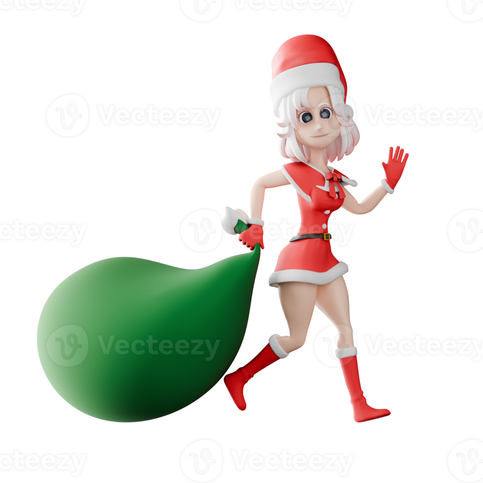 Holiday Girls Santa Claus Cartoon. A girl santa walks while carrying a sack of presents in her right hand, and waving her left hand. Christmas 3D Design png