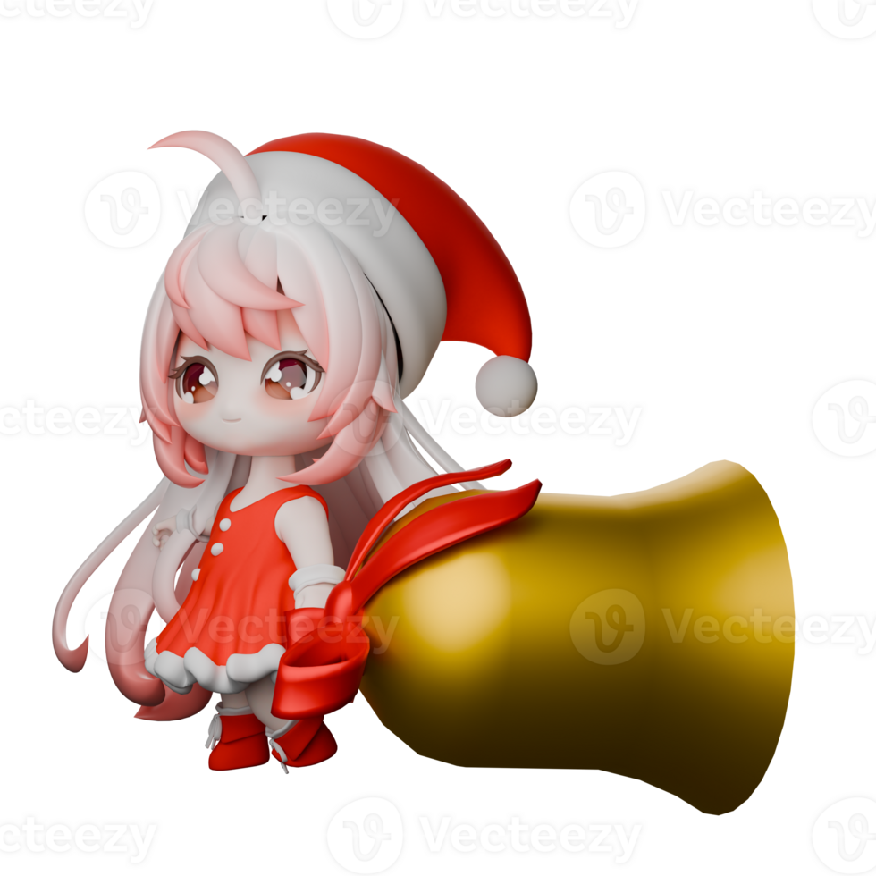 Chibi Girls Santa Cartoon Character. A Chibi Girls Santa walks with her left hand holding a big bell. Festive 3D Model png