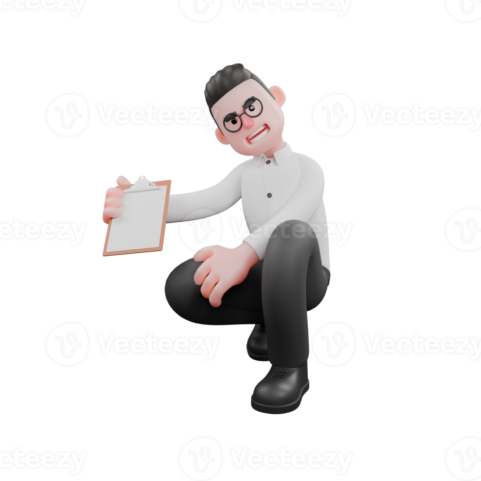 Film Scene 3D Producer. A male producer crouches with his right hand carrying a clipboard while his head is slightly tilted, a wide smiling expression. 3D Style png