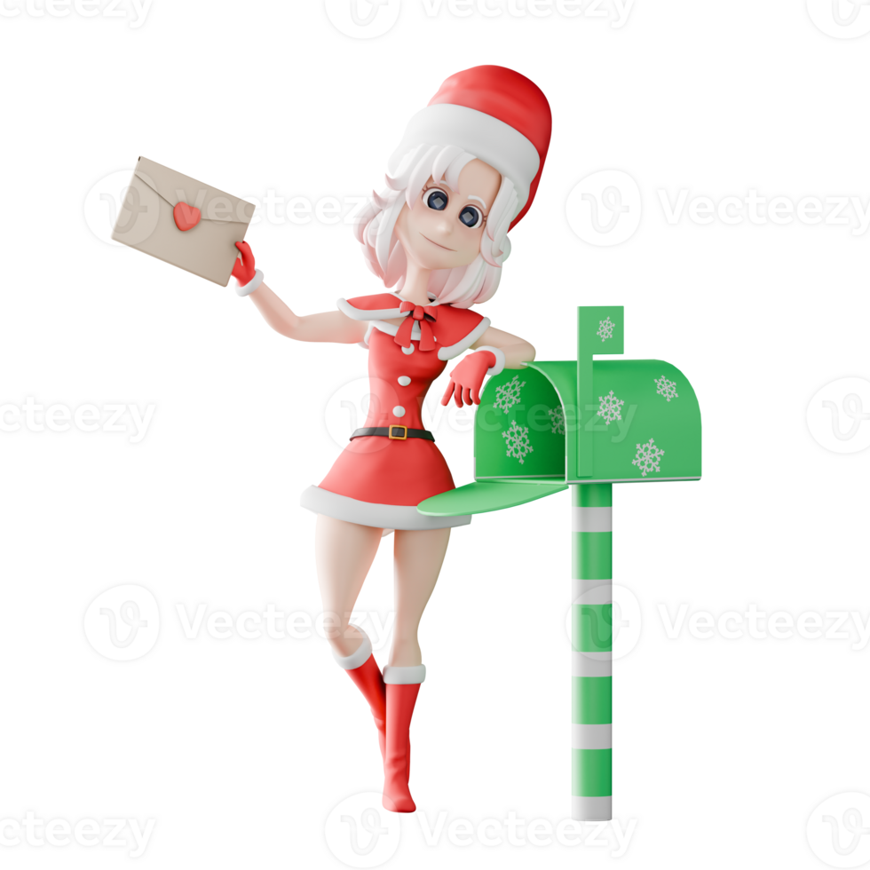Girls Santa Claus Holiday Cartoon. A girl santa stands next to a mailbox holding a letter in her right hand. 3D Festive Illustration png