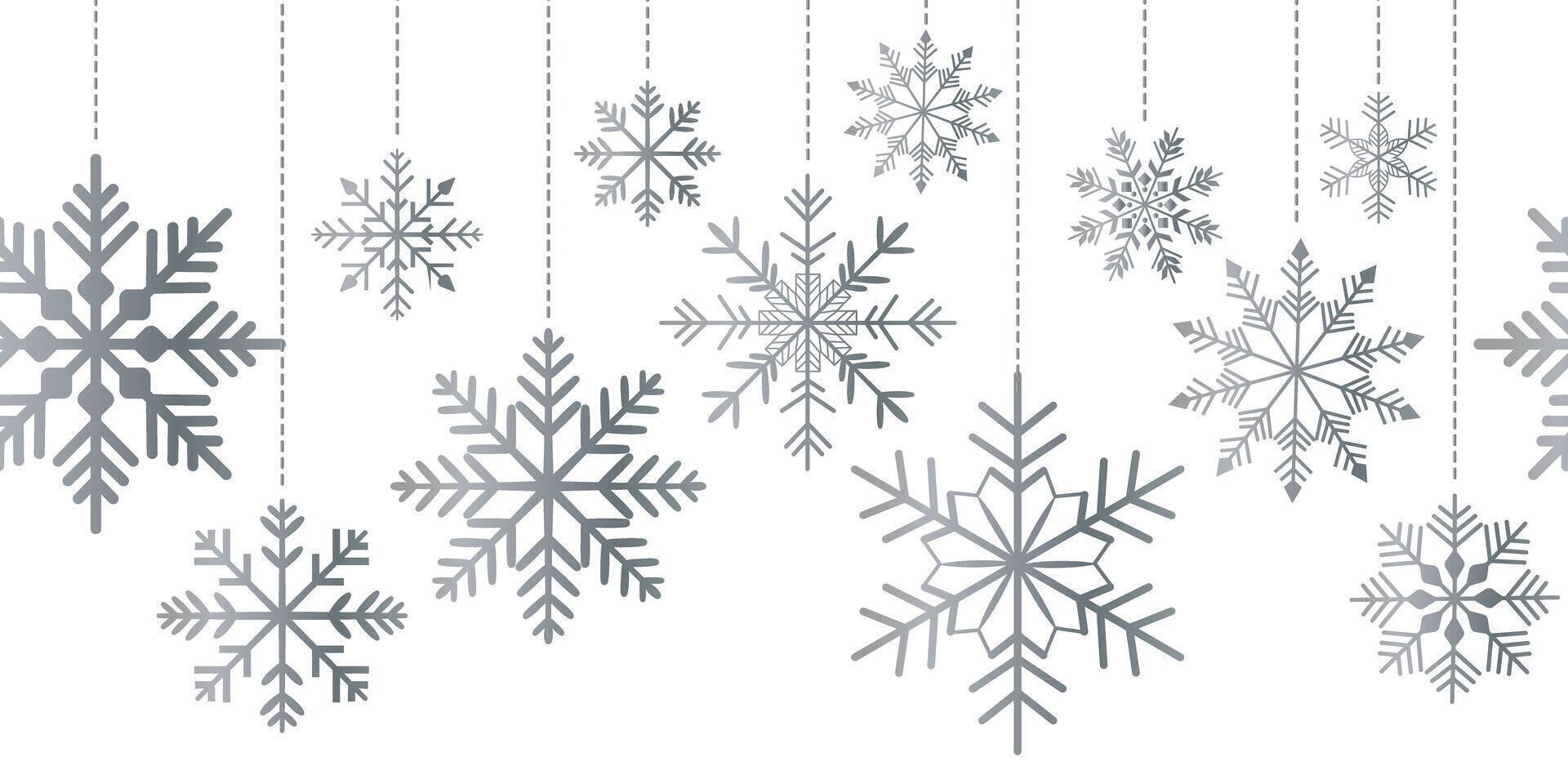 Silver seamless garland of snowflakes on white background. Christmas background. vector