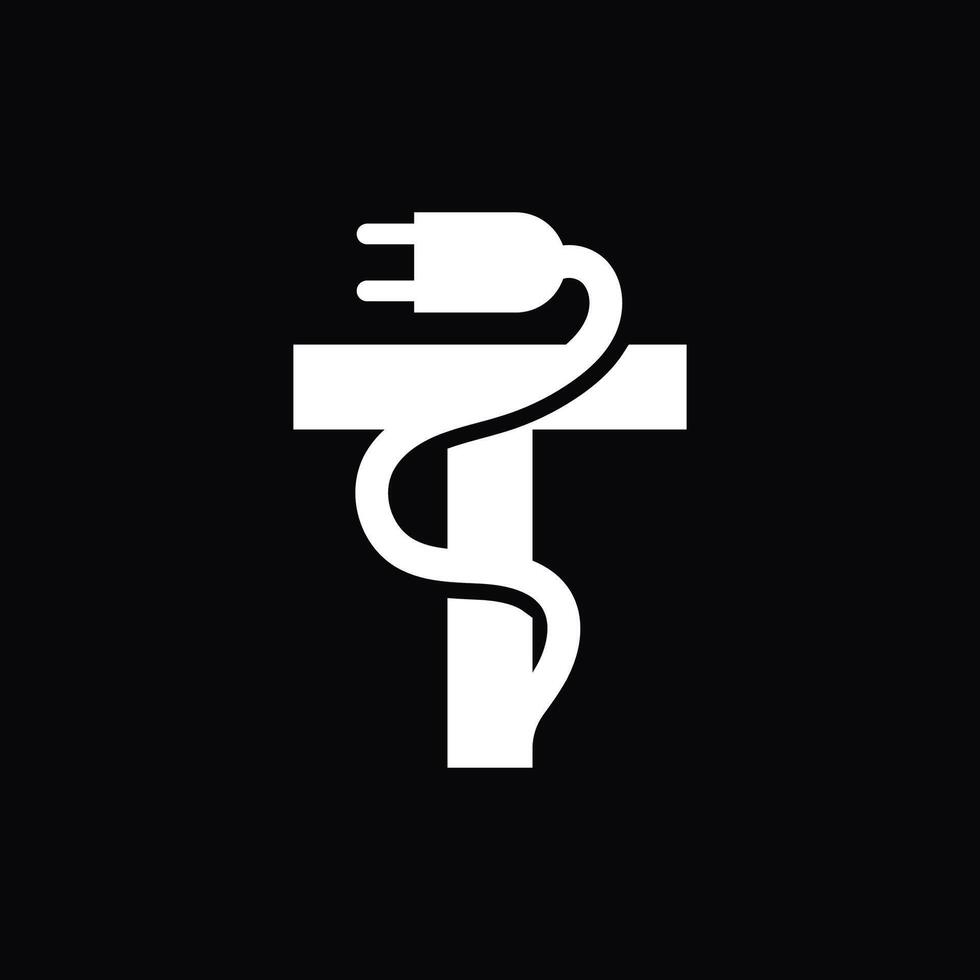 simple and modern logo of letter T with electric plug vector
