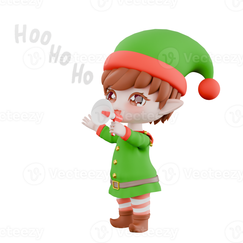 Chibi Christmas Elf Cartoon Design. A male Chibi elf stands while talking with his left hand holding a loudspeaker. Festive Holiday 3D Model png