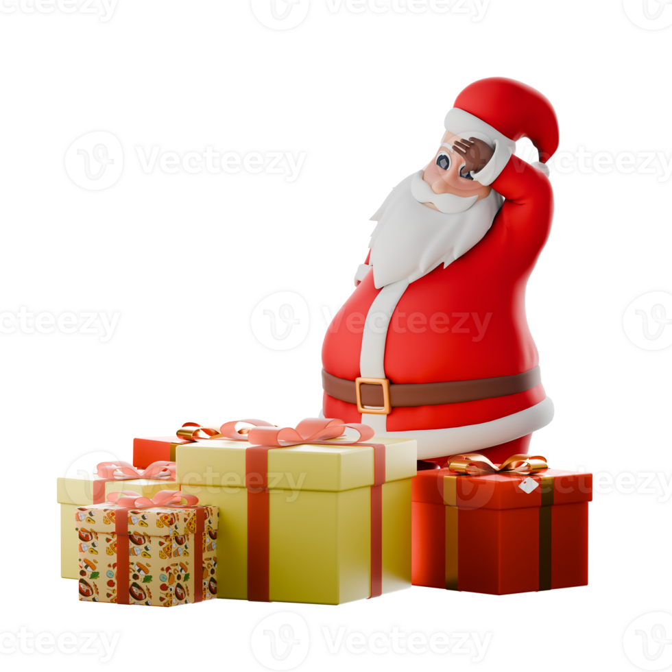 Santa Claus Christmas Cartoon Model. A Santa Claus man standing behind a gift while his left hand is on his forehead with a tired expression. Festive 3D Style png