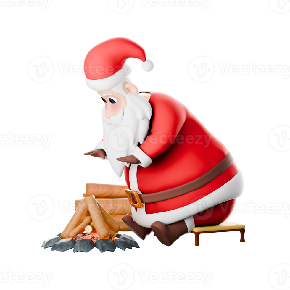 Christmas Santa Claus Cartoon Model. A Santa Claus man sitting on a chair with both hands stretched forward and in front of him is a bonfire. Festive 3D Design png