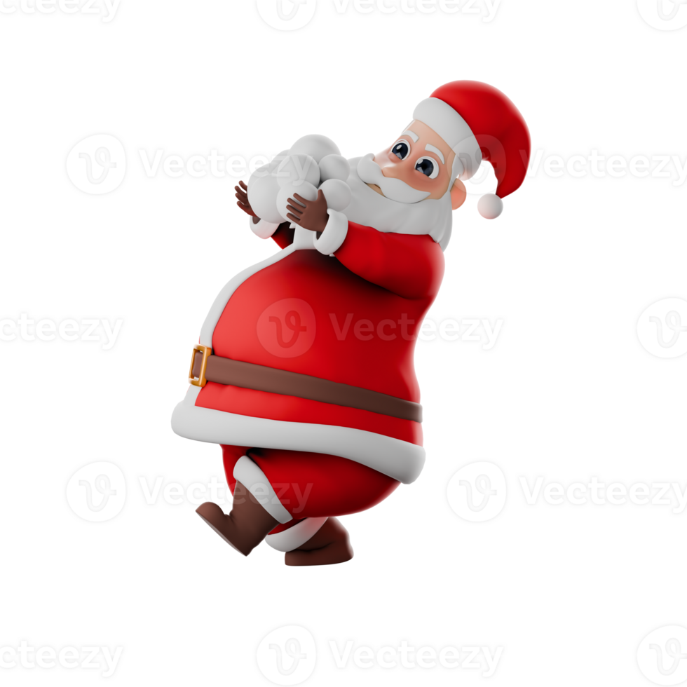 Festive Cartoon Santa Claus Design. A Santa Claus man walking while carrying snow in both hands and his body leaning backward. Christmas 3D Model png