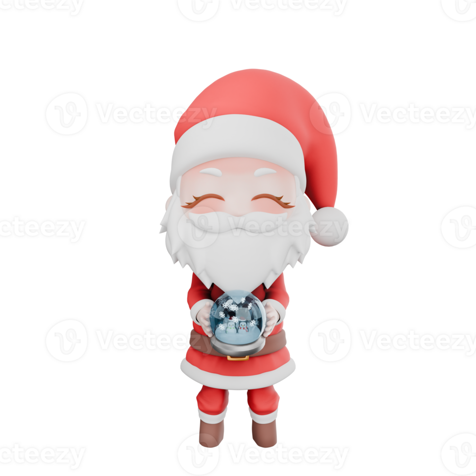 Festive Holiday Cartoon Santa Boy Chibi. A chibi santa boy stands with both hands holding a snow globe toy, smiling expression with eyes closed. Christmas 3D Design png