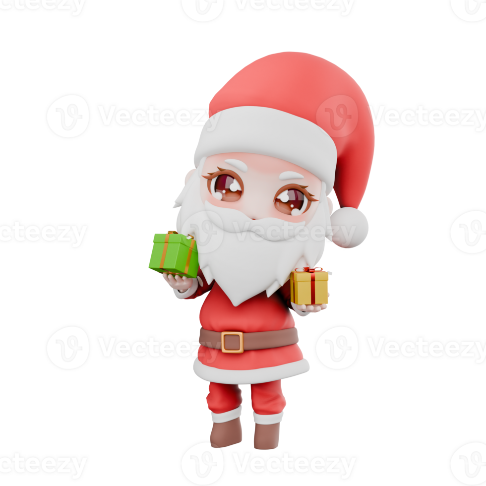 Chibi Christmas Cartoon Santa Boy Design. A chibi santa boy stands with both hands holding a gift with a smiling expression. Holiday Festive 3D Model png
