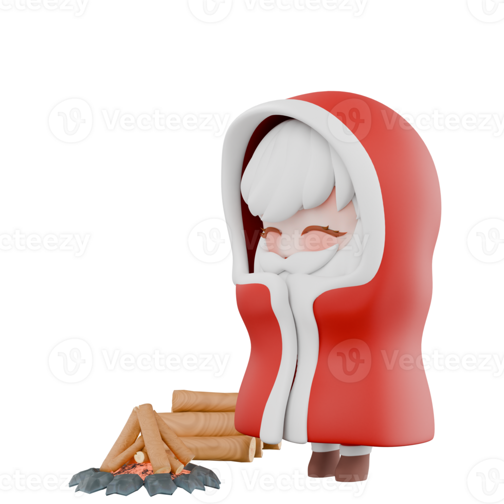 Chibi Santa Boy Festive Christmas Character. A chibi santa boy stands wearing a Santa jacket next to a campfire, with a cold expression. 3D Holiday Design png