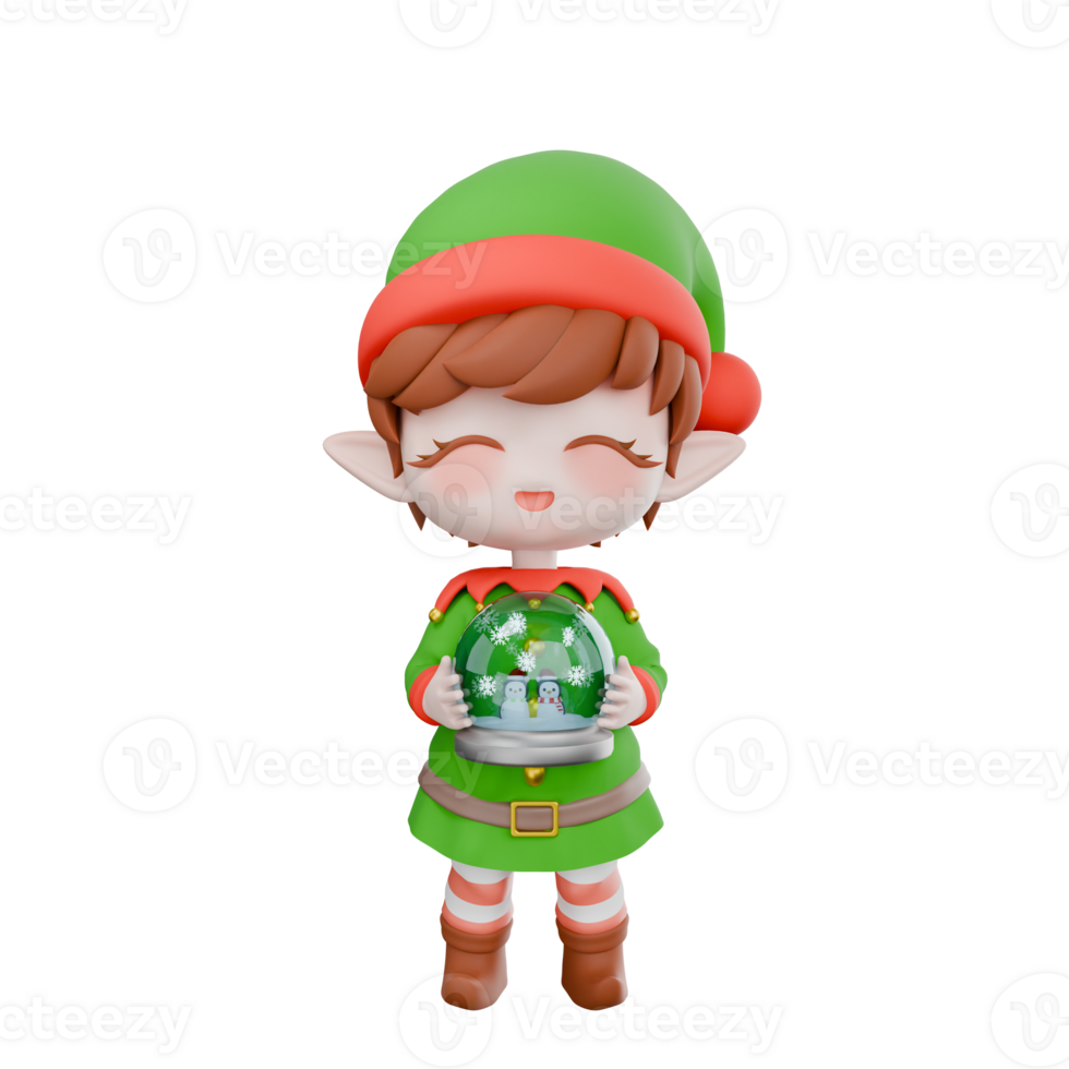 Festive Holiday Cartoon Elf Chibi. A male Chibi elf standing with both hands holding a snow globe toy, smiling expression with eyes closed. Christmas 3D Design png