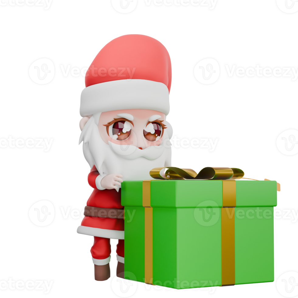 Holiday Cartoon Festive Chibi Santa Boy. A chibi santa boy stands with both hands holding a large gift as if about to open it, curious expression. Christmas 3D Design png