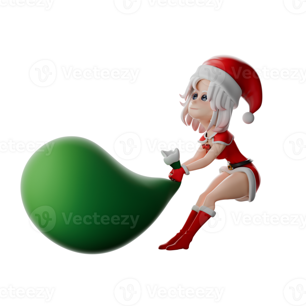 Festive Girls Santa Cartoon Character. A girl santa walks with both hands pulling a sack of presents Christmas 3D Model png