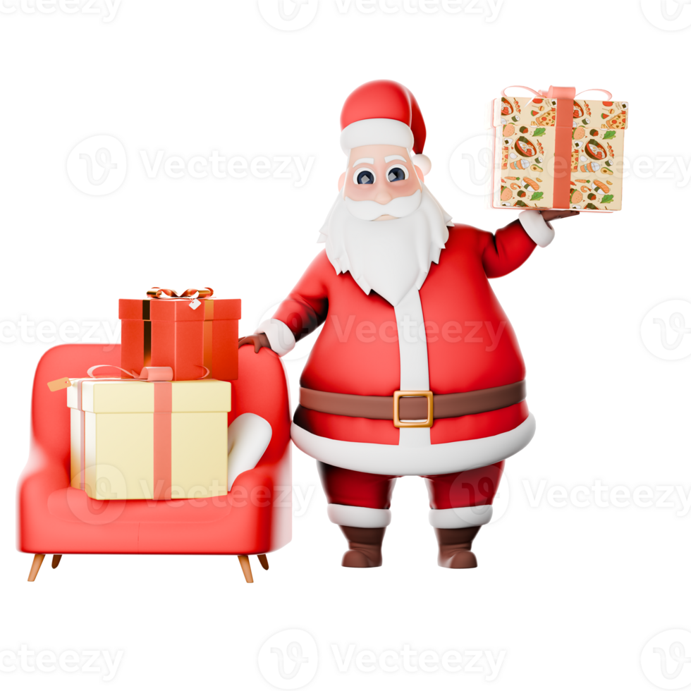 Fat Santa Cartoon Festive Christmas. A Santa Claus man stands next to a pile of gifts while his left hand holds a gift in his palm. 3D Holiday Character png