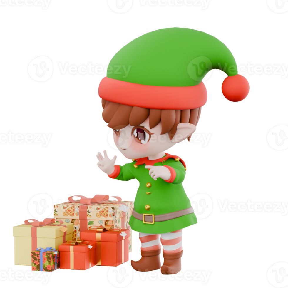 Chibi Elf Cartoon Christmas Character. A male Chibi elf stands next to a gift with his left hand pointing in a certain direction while his right hand is open. Holiday Festive Model png