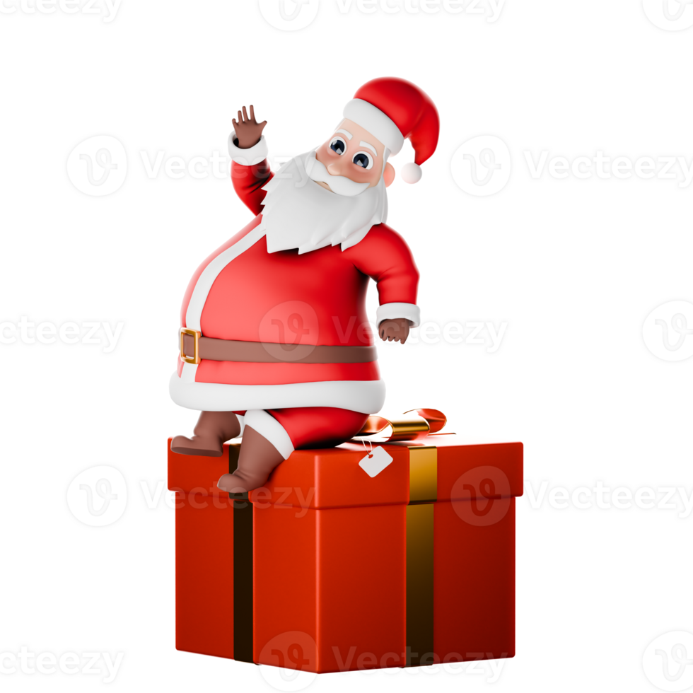 Christmas Cartoon Santa Claus Character. A Santa Claus man sitting on a big gift with one hand raised with a happy expression. 3D Festive Model png