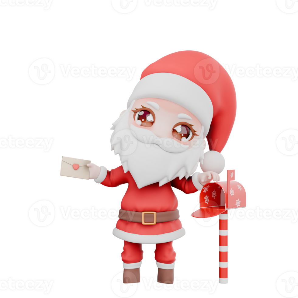 Holiday Festive Chibi Santa Boy Cartoon Design. A chibi santa boy stands with his left hand on the mailbox and his right hand holding a letter, cheerful expression. Christmas 3D Character png