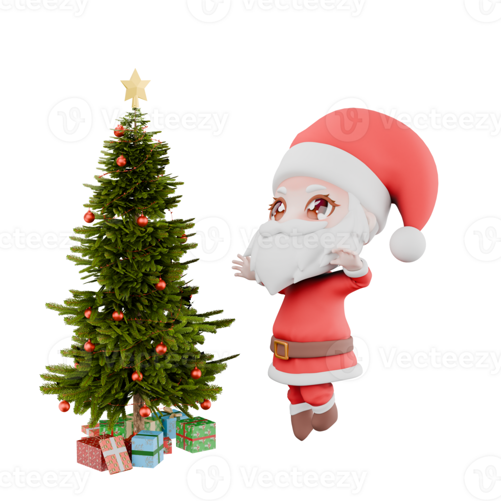 Chibi Santa Boy Festive Christmas Model. A chibi santa boy jumps next to a Christmas tree as if trying to reach for a star. Holiday Cartoon Design png