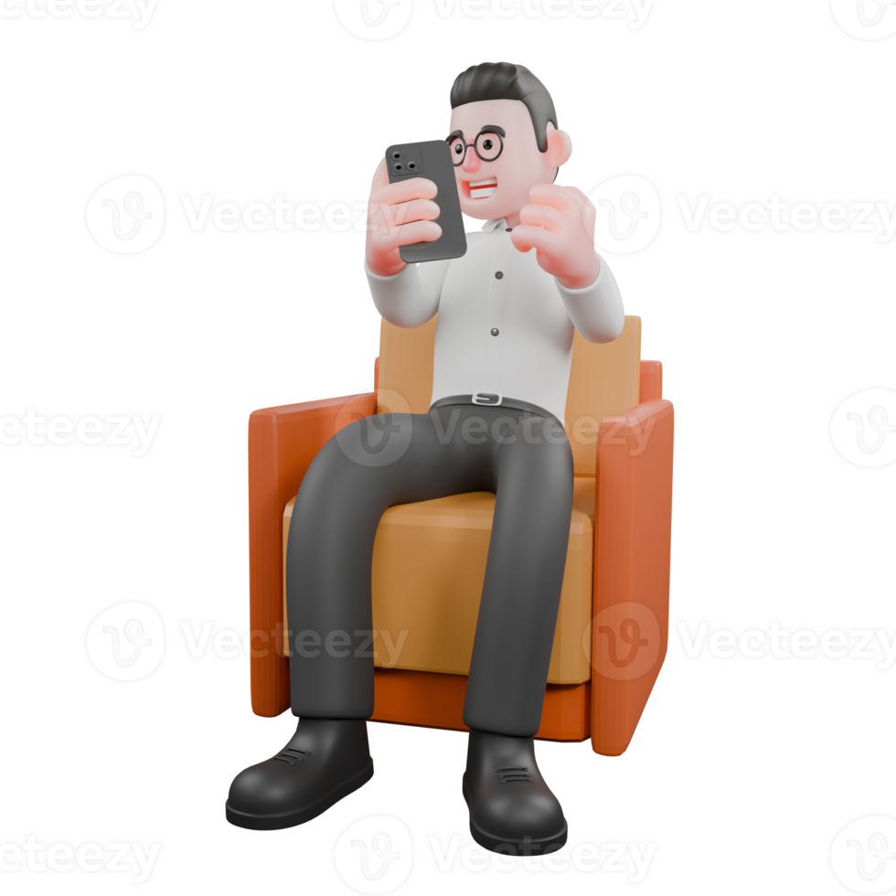 Animated 3D Cartoon. A male producer sits on a sofa with his right hand holding a tablet while his left hand is clenched, happy expression. Film Style png