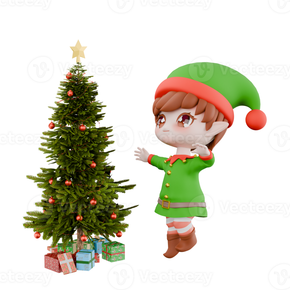 Chibi Elf Festive Christmas Model. A male Chibi elf jumping next to a Christmas tree as if trying to reach for a star. Holiday Cartoon Design png