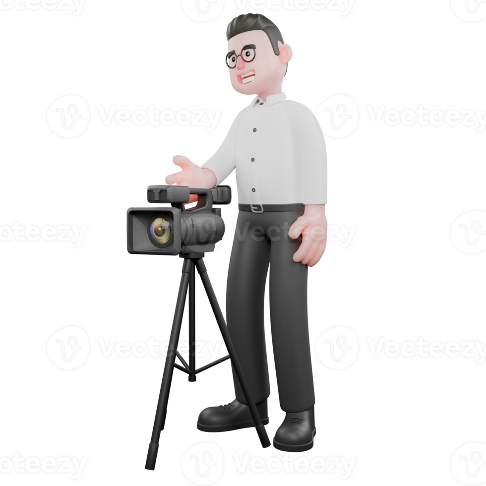 3D Cartoon Model. A male producer stands behind the camera with one hand forward, smiling expression. Film Style png