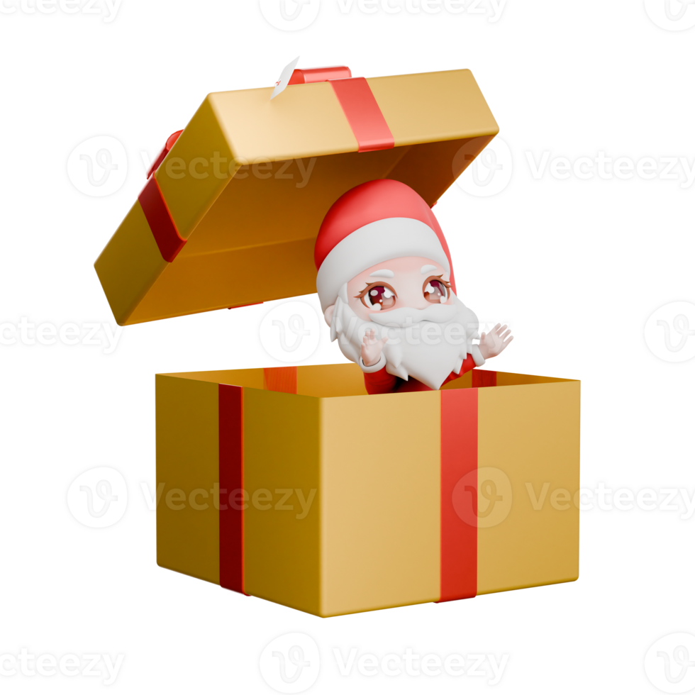 Holiday Festive Cartoon Chibi Elf. A male Chibi elf stands inside a large gift with both hands raised, with a surprised expression. Christmas 3D Model png
