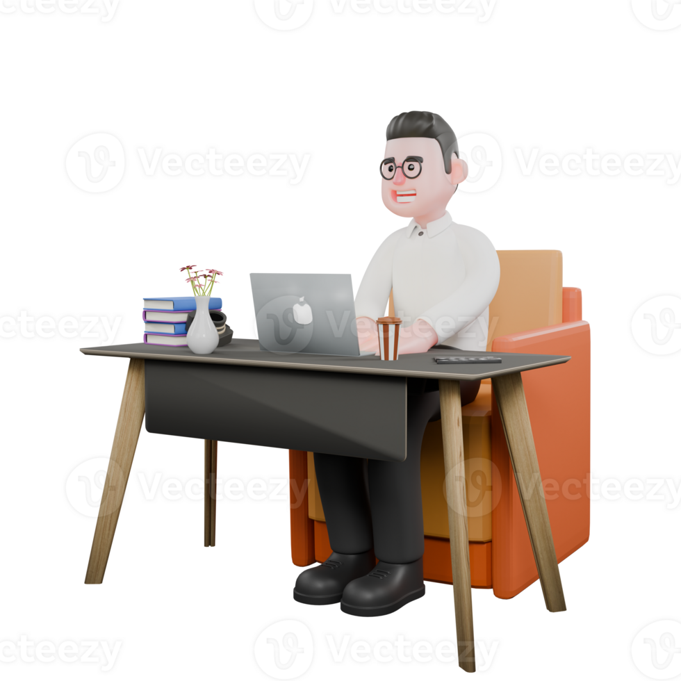 Animated 3D Cartoon. A male producer sits on a sofa with a laptop on the table while both hands are typing on the keyboard. Movie Style png