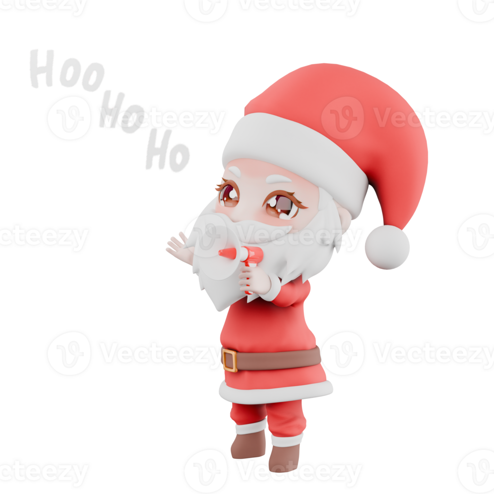 Chibi Christmas Santa Boy Cartoon Design. A chibi santa boy stands while talking with his left hand holding a loudspeaker. Festive Holiday 3D Model png