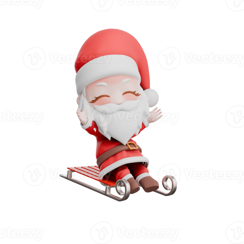 Festive Christmas Cartoon Santa Boy Chibi. A chibi santa boy sits on a snow sled with both hands open upwards, smiling expression with eyes closed. Holiday 3D Illustration png