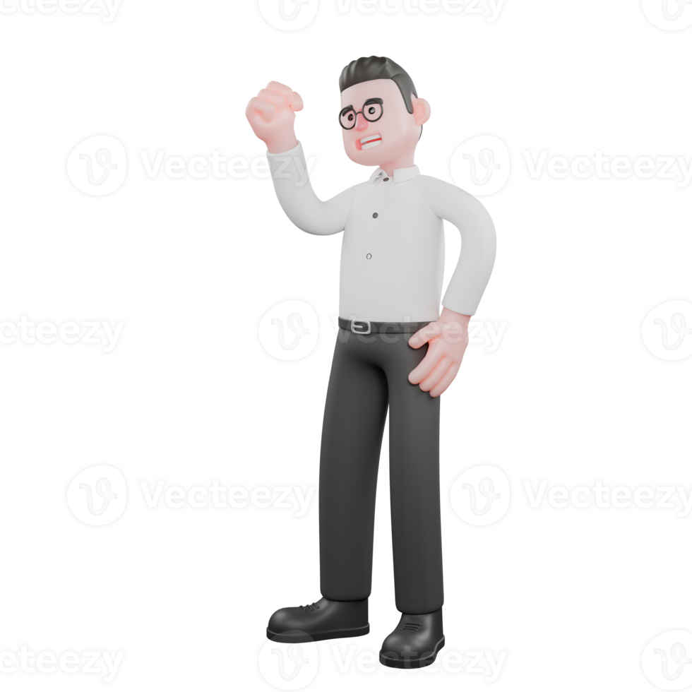Creative 3D Producer. A male producer stands with his left hand on his waist while his right hand is clenched upward, excited expression. Professional Illustration png
