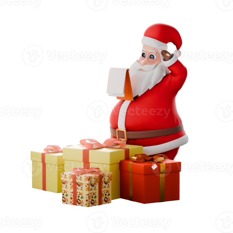 3D Festive Santa Claus Model. A Santa Claus man standing behind a gift while his right hand is holding a clipboard with a serious expression. Holiday Cartoon Design png